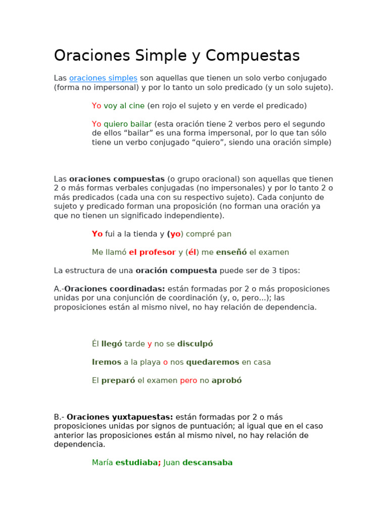 Oraciones Simples y Compuestas: Ejemplos y Estructura | PDF | Oración ...