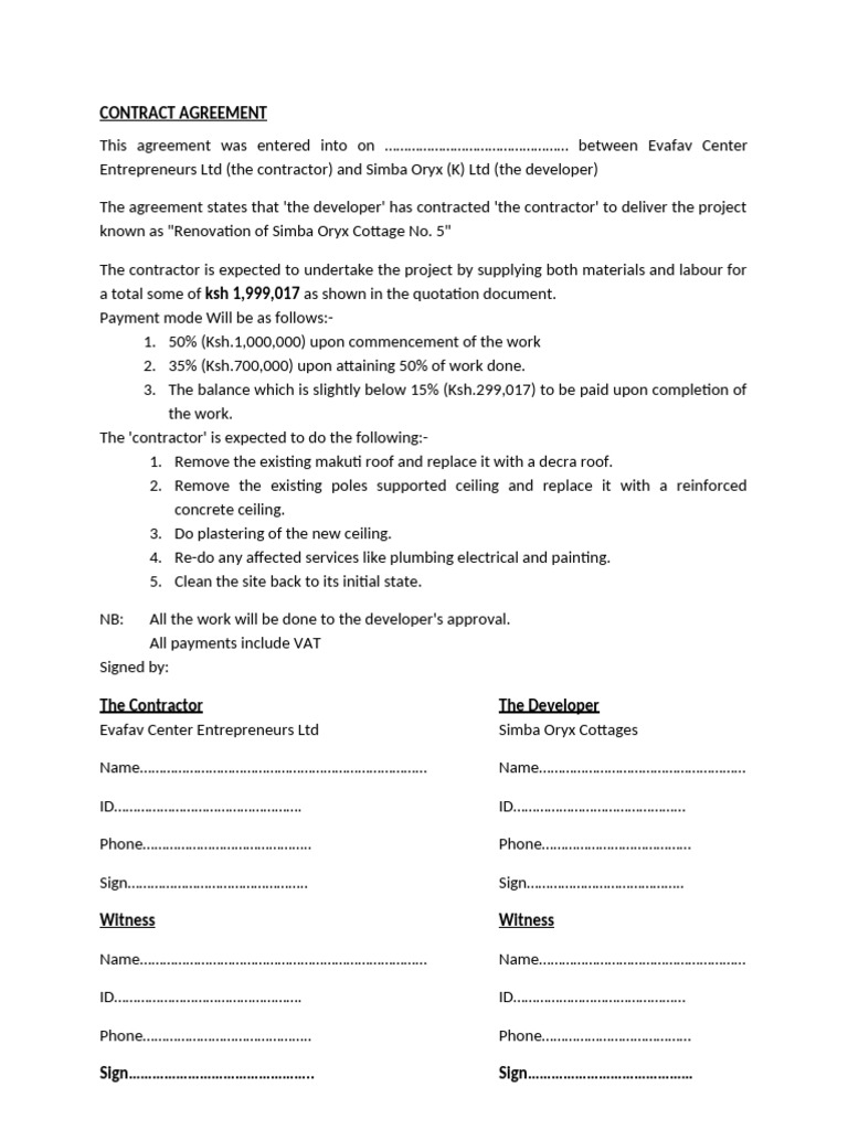 Renovation Contract for Simba Oryx Cottage | PDF
