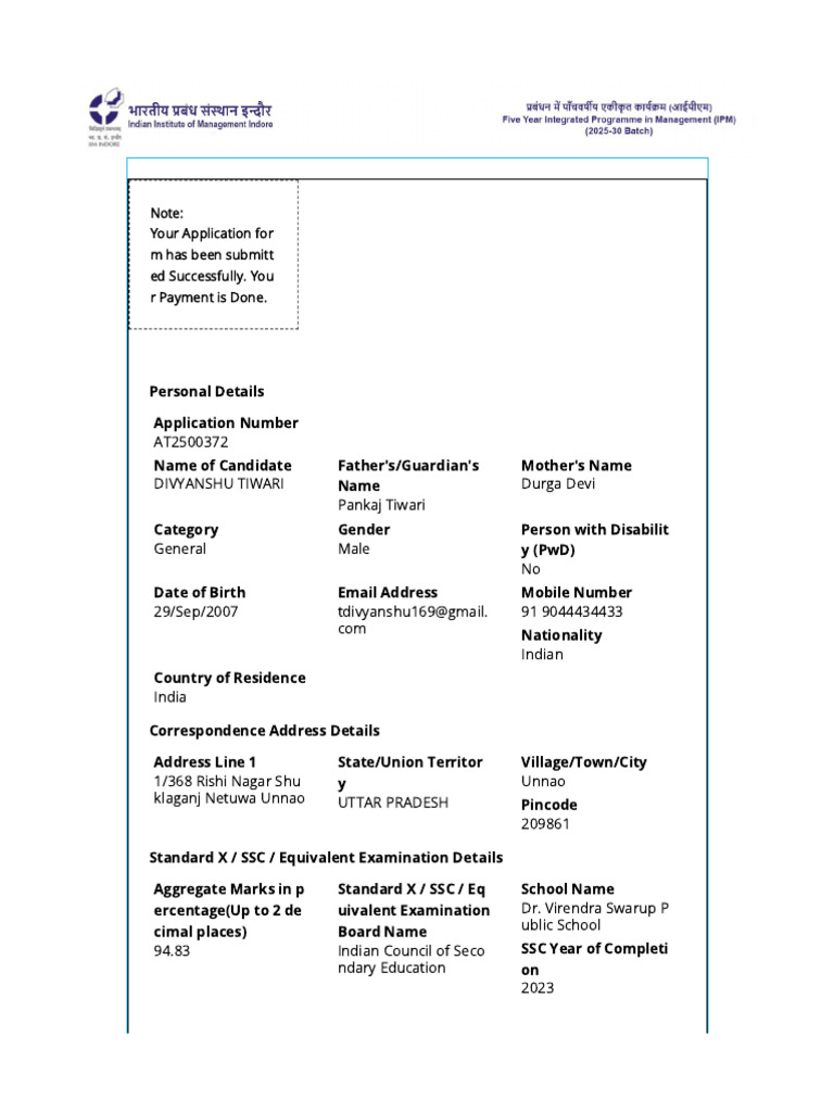 IPM Application Confirmation 2025 | PDF | Student Assessment And ...