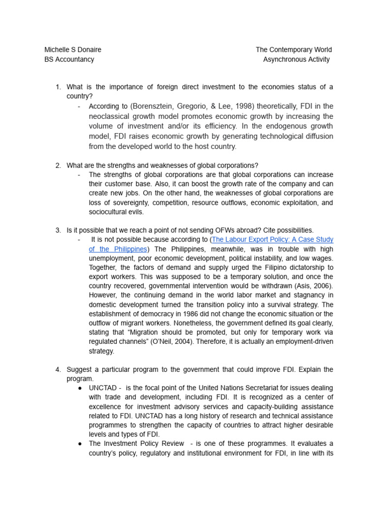 Asynchronous Activity 3 | PDF | Foreign Direct Investment | Banks