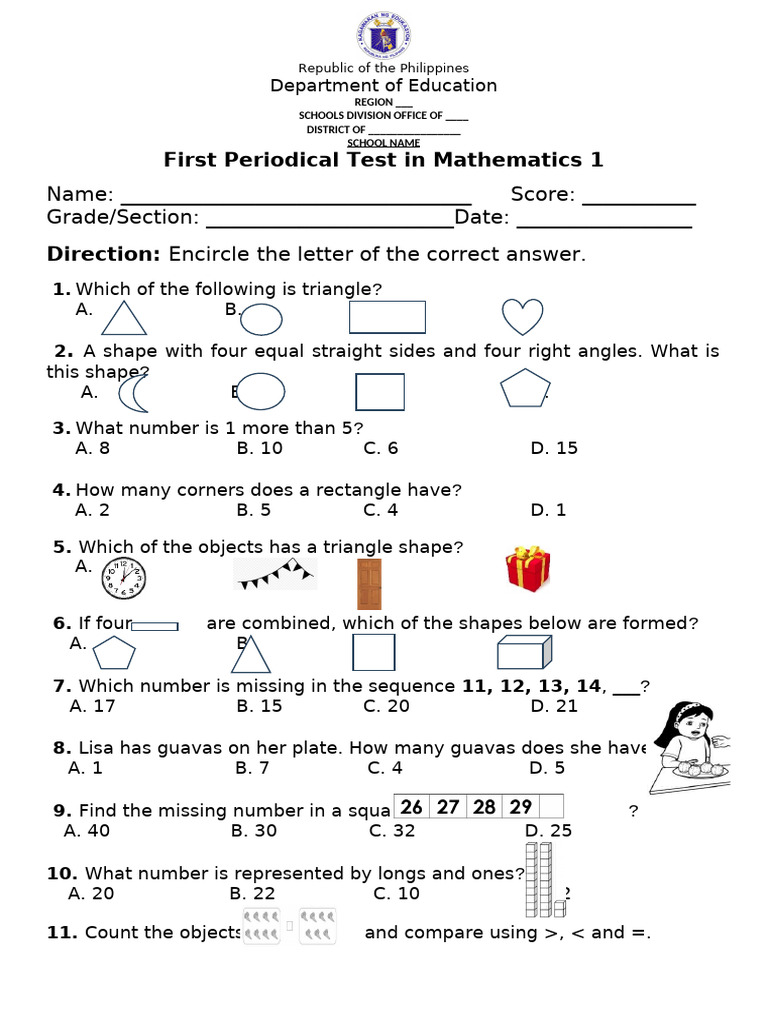 Grade 1 Mathematics Test Paper | PDF | Shape | Euclidean Plane Geometry