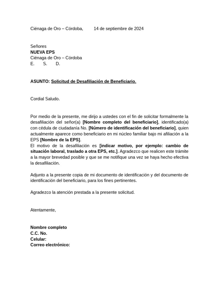 Carta de Desafiliacion Eps | PDF