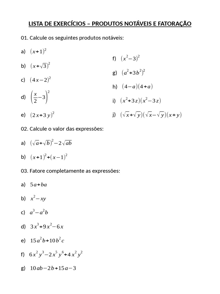 Exercícios de Fatoração e Produtos Notáveis | PDF
