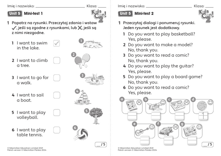 Kids Can 2 - Mini-Tests - Unit 5 | PDF