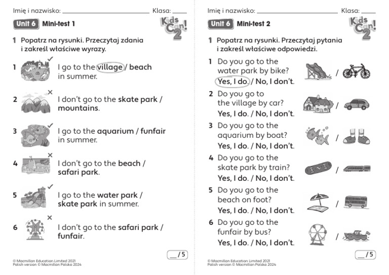 Kids Can 2 - Mini-Tests - Unit 6 | PDF
