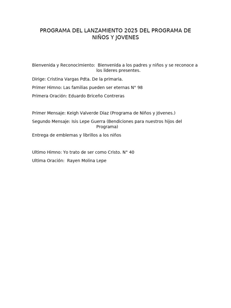 Programa Del Lanzamiento 2025 Del Programa de Niños y Jovenes | PDF