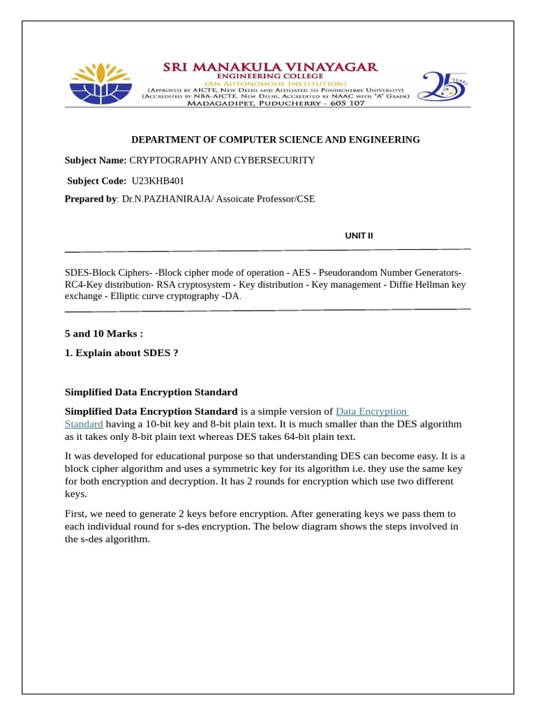 SDES Overview: Block Cipher Basics | PDF | Cryptography | Encryption