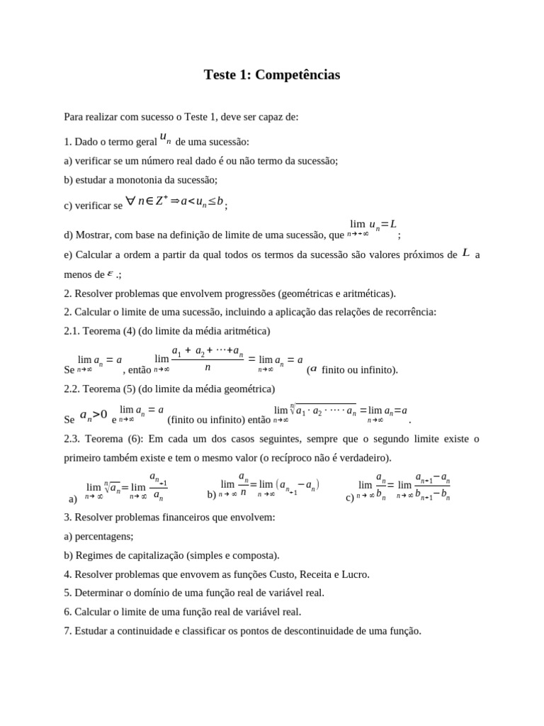 Teste 1: Competências em Sucessões e Limites | PDF