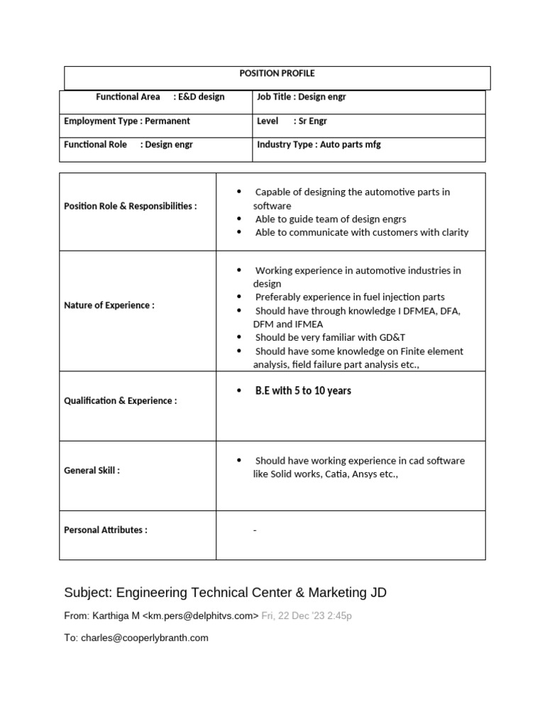Senior Design Engineer Position in Auto Parts | PDF | Engineering