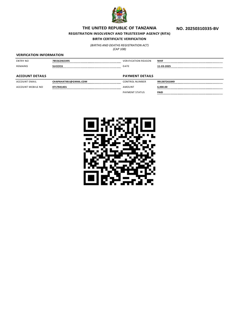 RITA Birth Certificate Verification Details | PDF