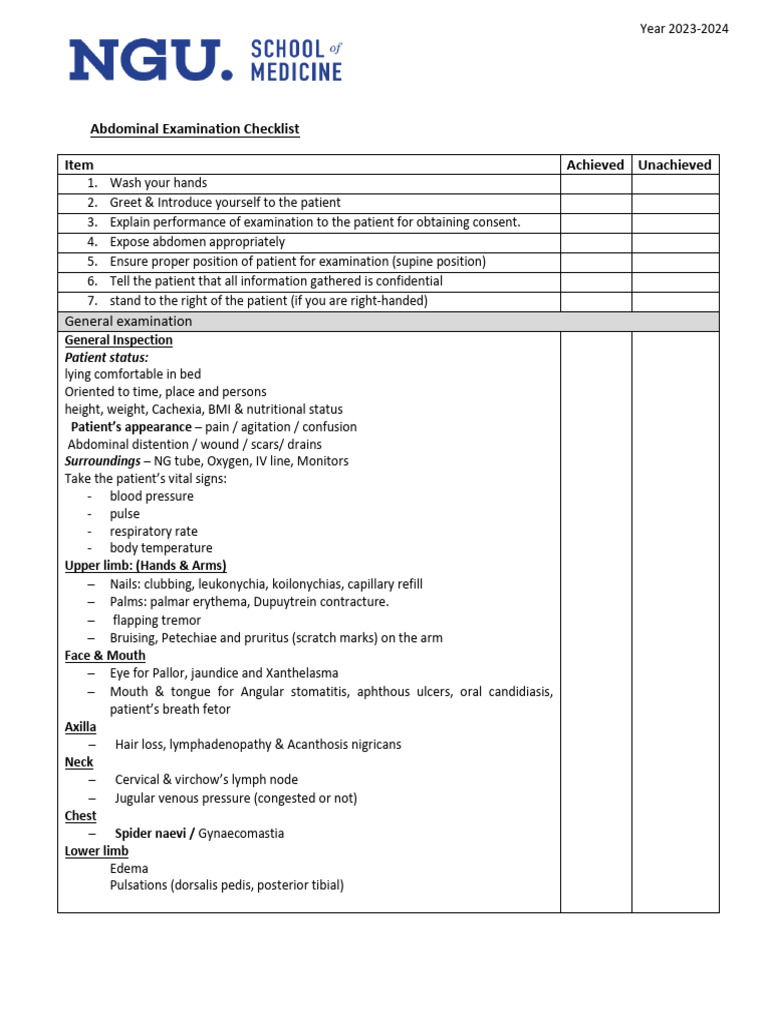 Abdominal Examination Checklist | PDF | Liver | Edema