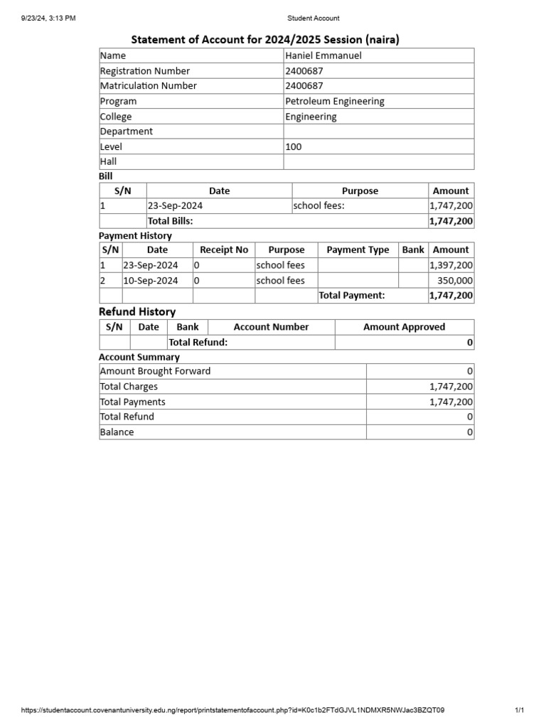 Student Account Statement 2024/2025 | PDF | Payments | Financial Services
