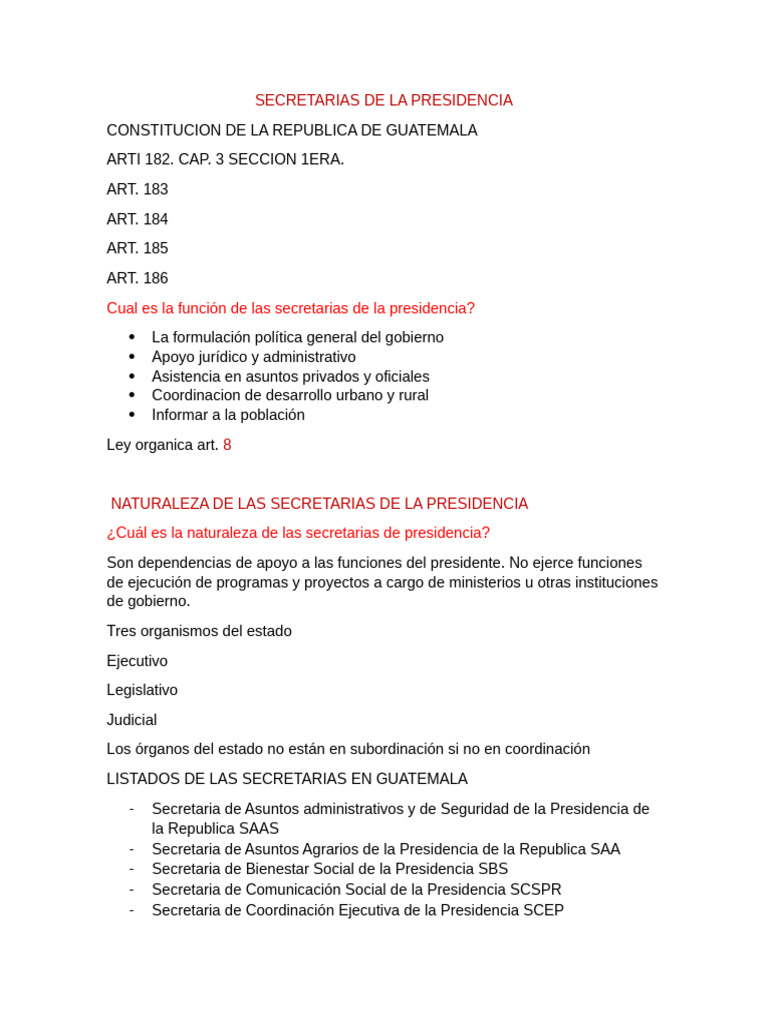 Funciones de las Secretarías de Presidencia | PDF | Administración ...