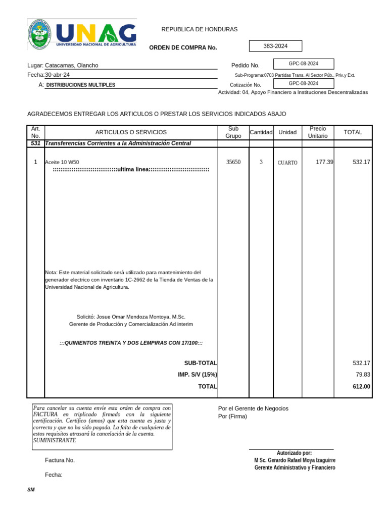 Orden de Compra Universidad Nacional | PDF | Economias