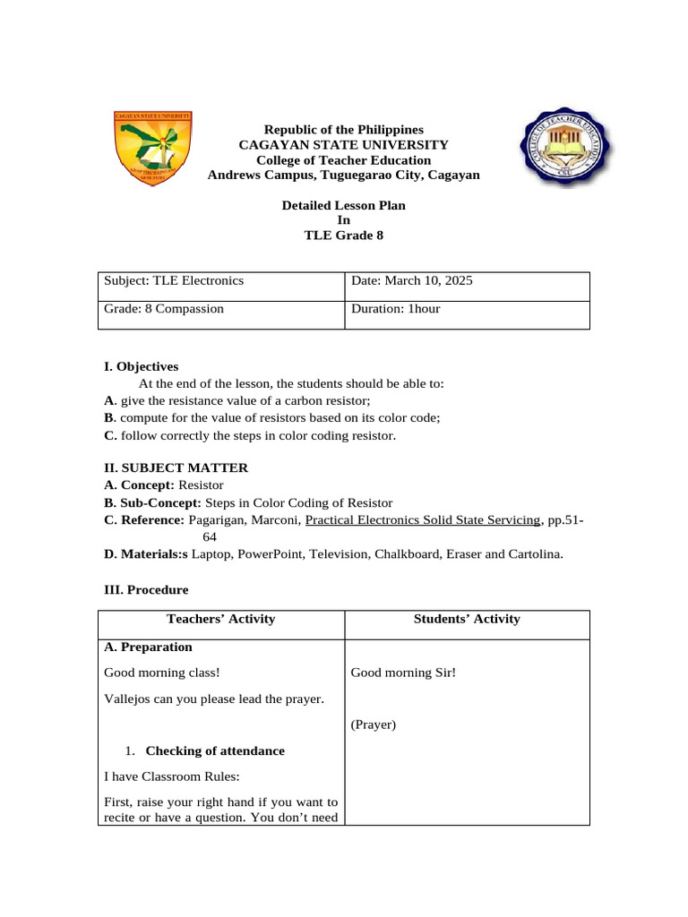 Grade 8 TLE Electronics Lesson Plan | PDF | Resistor | Color