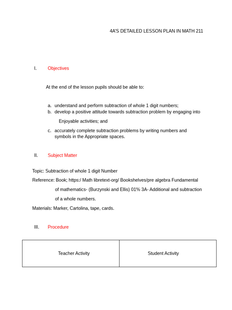 Math Lesson Plan: Subtraction for Kids | PDF | Mathematics | Prayer