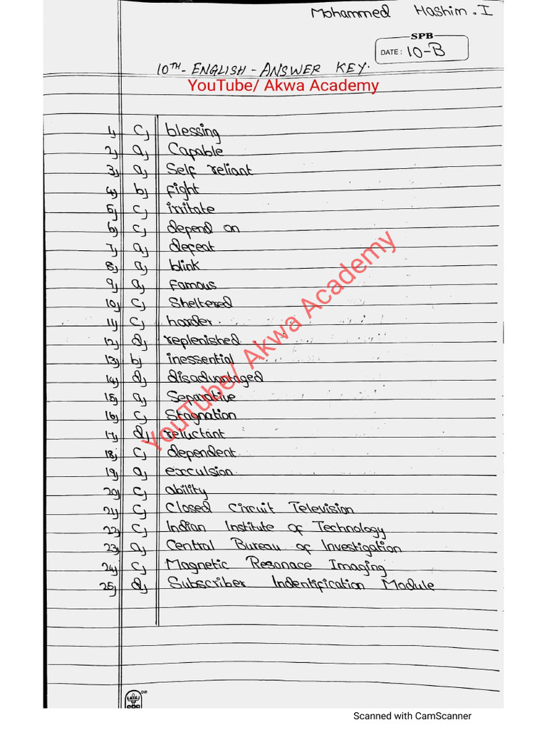 10th English Answer Key To Achievement Test 2024 PDF Download | PDF