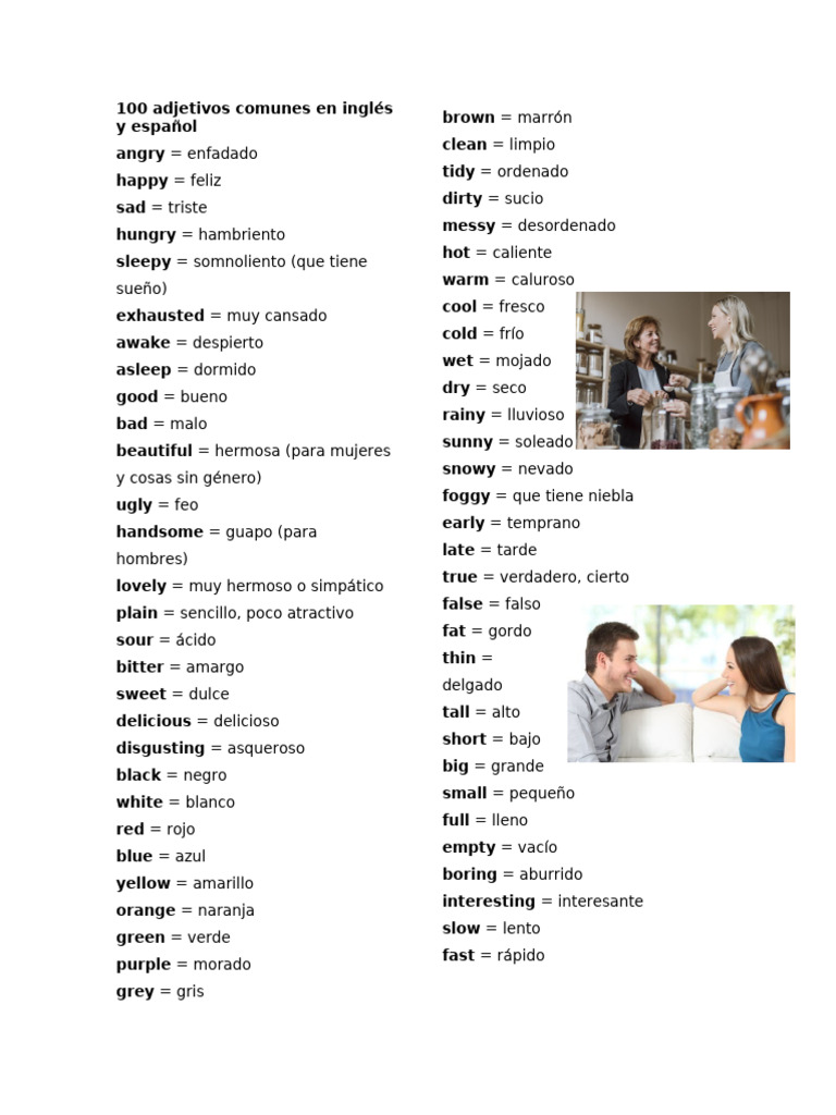 100 Adjetivos Comunes en Inglés y Español | PDF