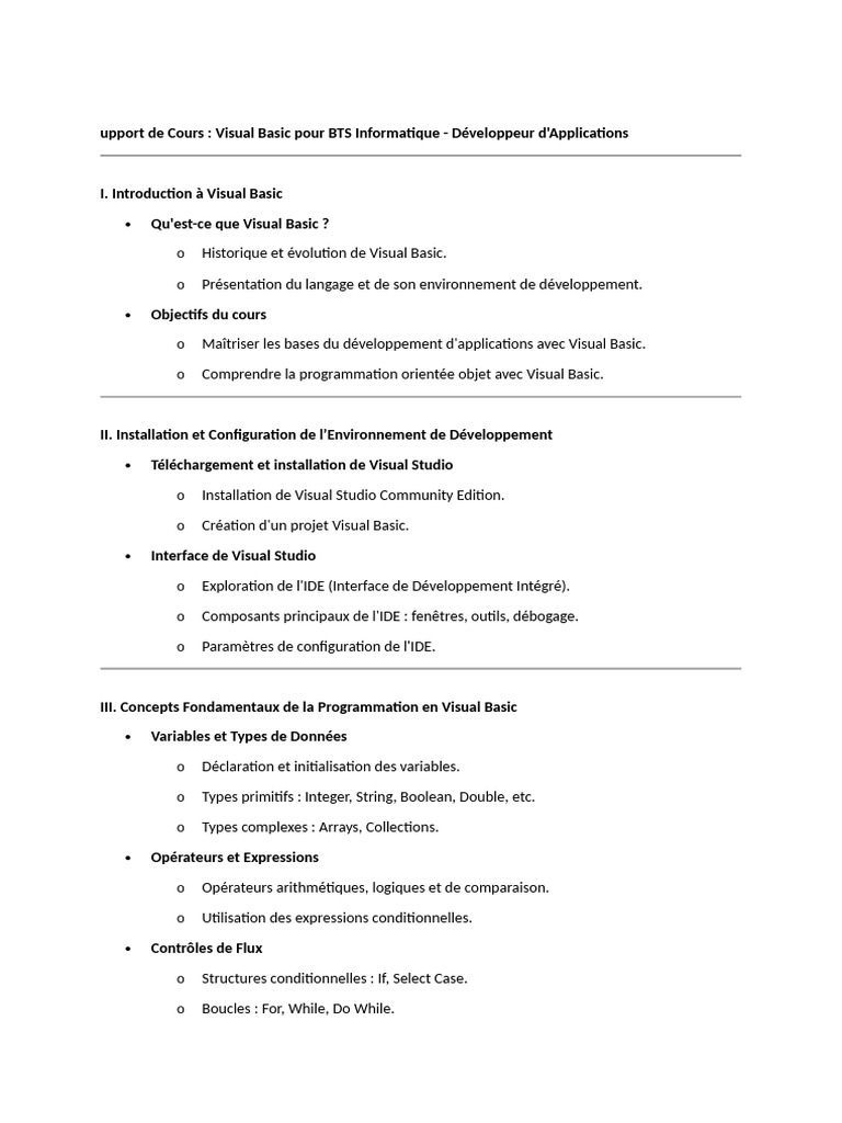 Support de Cours : Visual Basic BTS | PDF | Classe (informatique) | De base