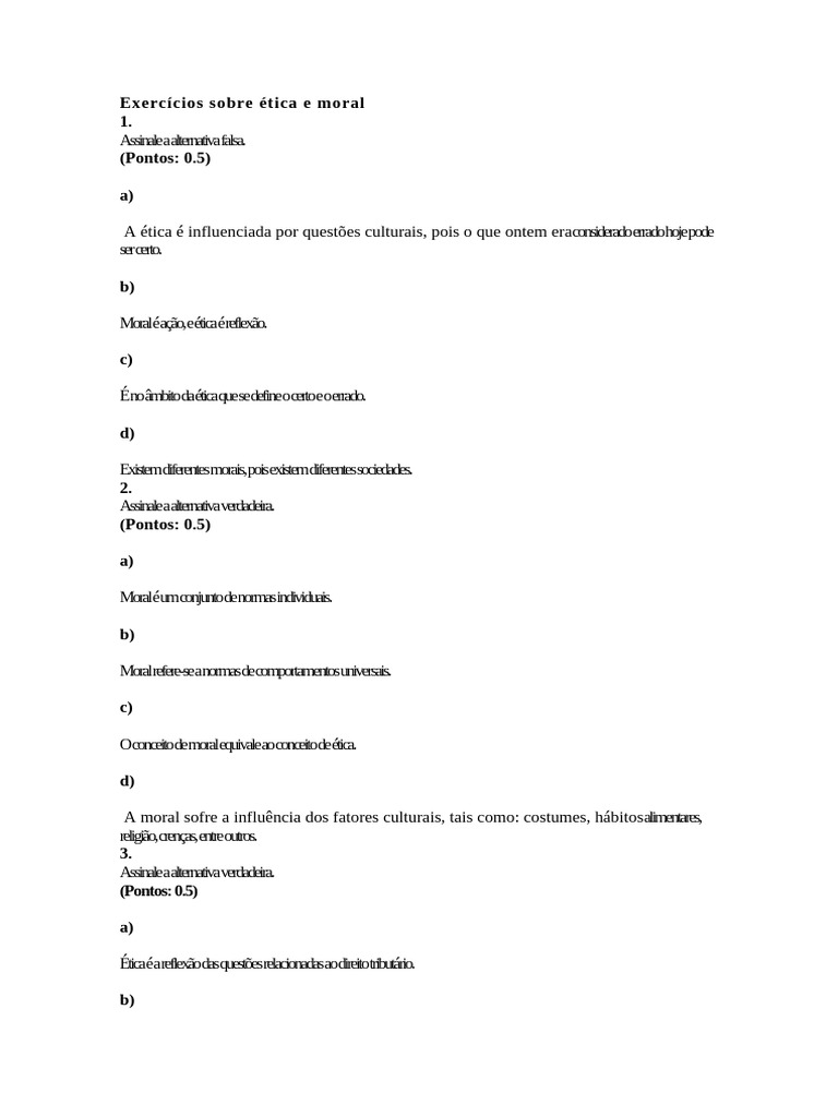 Exercícios sobre Ética e Moral | PDF