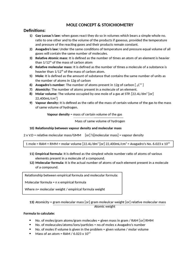 Mole Concept and Stoichiometry Basics | PDF | Molecules | Mole (Unit)