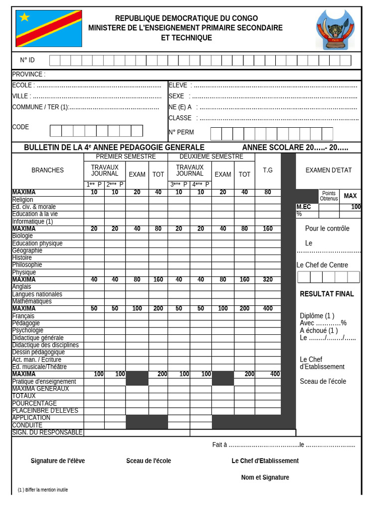 Bulletin Scolaire RDC 2025 PDF | PDF | Apprentissage