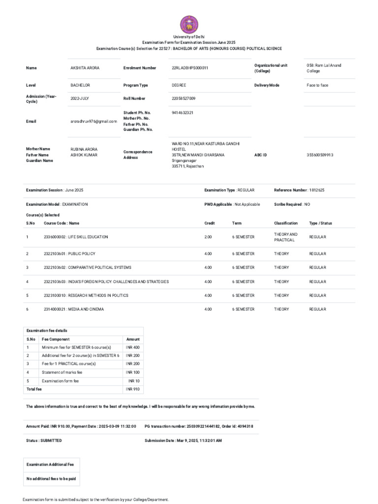 DU Exam Form: BA Political Science 2025 | PDF