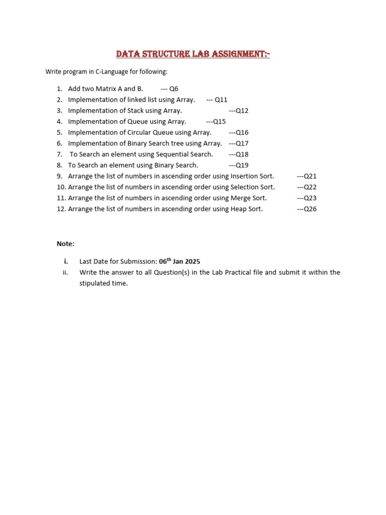 Data Structure Lab Assignment Tasks | PDF