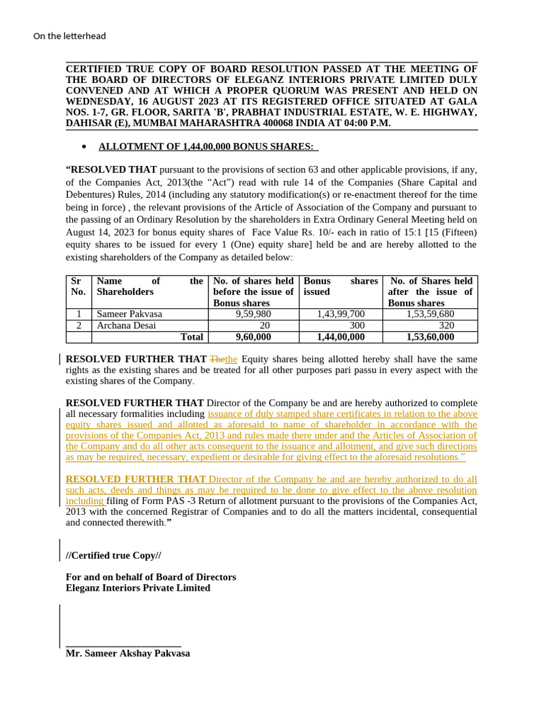 Bonus Share Allotment Resolution | PDF | Legal Documents | Government