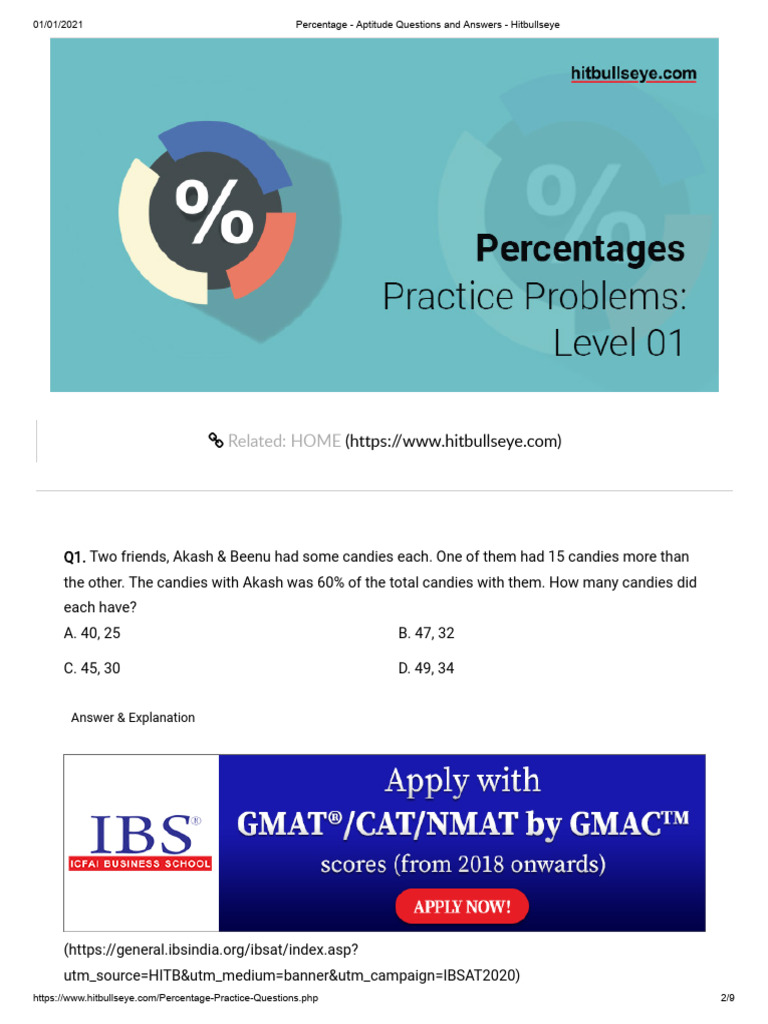 Percentage - Aptitude Questions and Answers - Hitbullseye | PDF