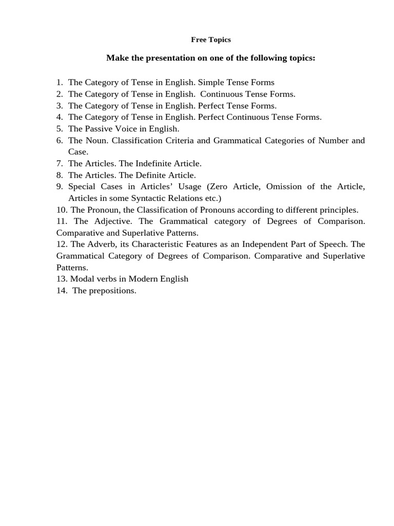 Free Topics for English Presentations | PDF