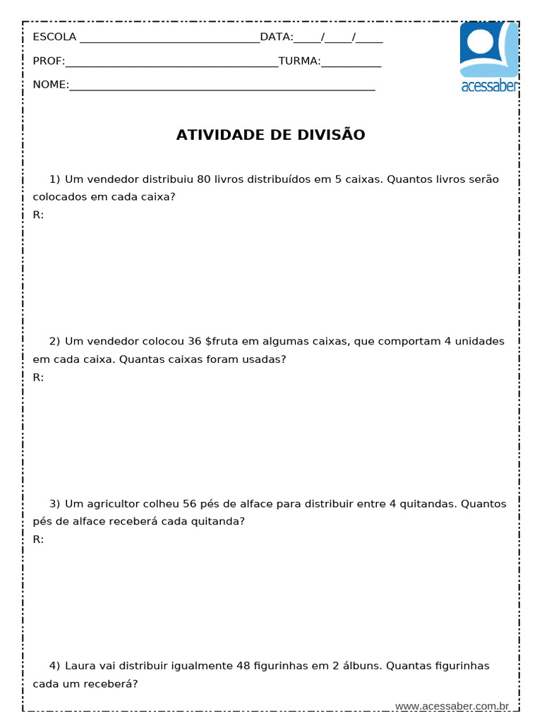 Atividades de Divisão Exata 3º Ano | PDF