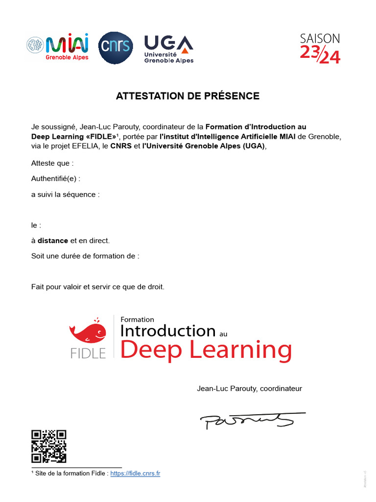 Attestation de présence formation Deep Learning | PDF