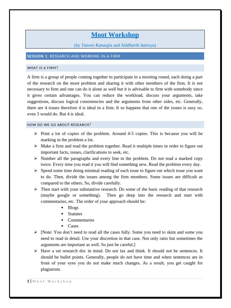 Moot Workshop Notes - Aatreya and Tanvee | PDF | Argument | Memorandum