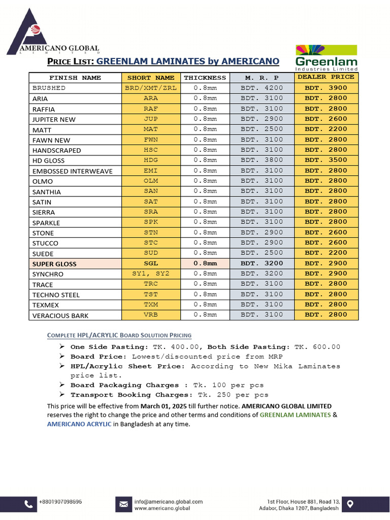 Greenlam Price 1-3-2025 | PDF, image size:768x1024