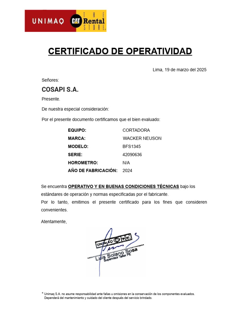 Certificado de Operatividad de Equipo | PDF