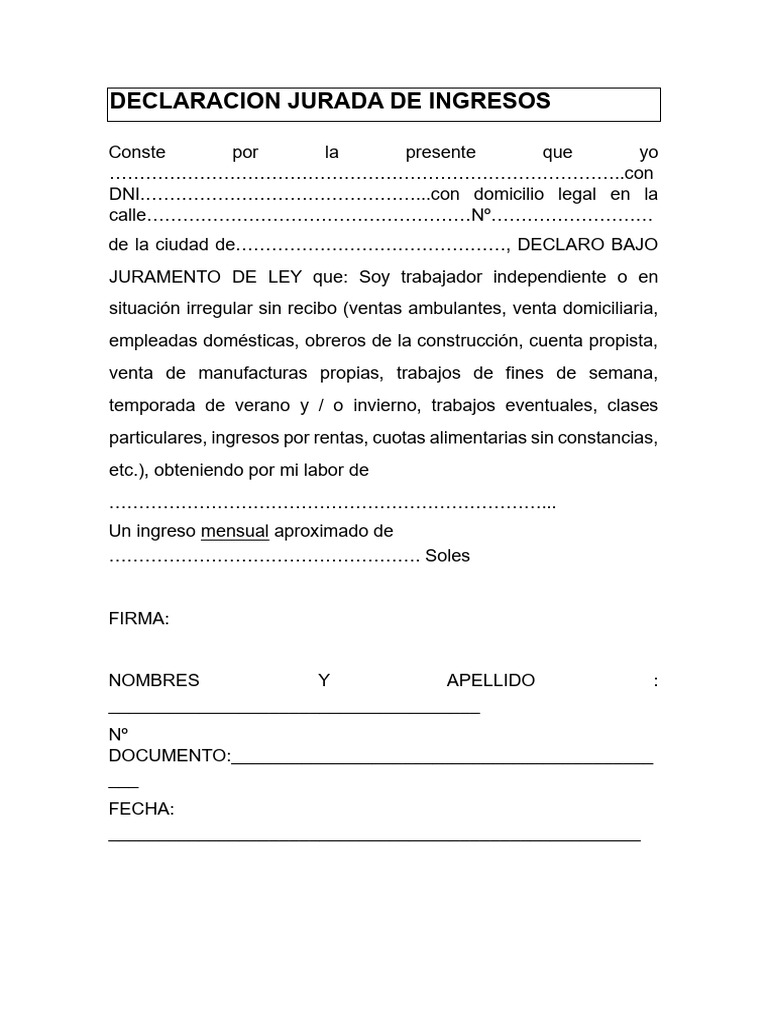 Modelo de Declaración Jurada de Ingresos | PDF