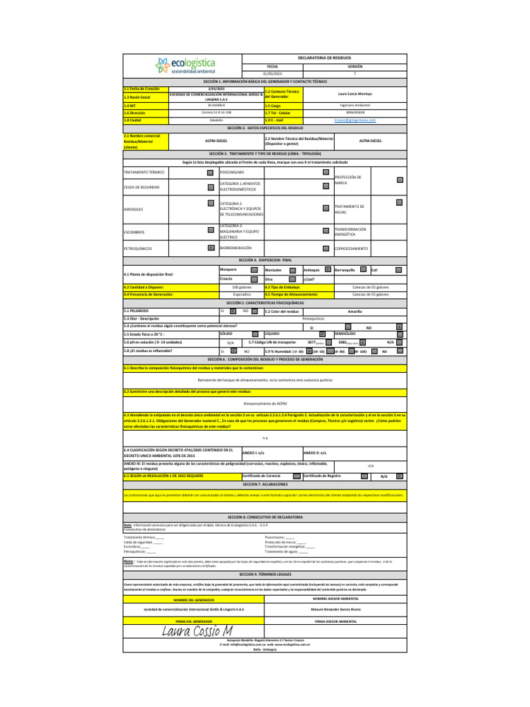 Declaratoria de Residuos ACPM-Diesel | PDF | Ciencias fisicas | Química