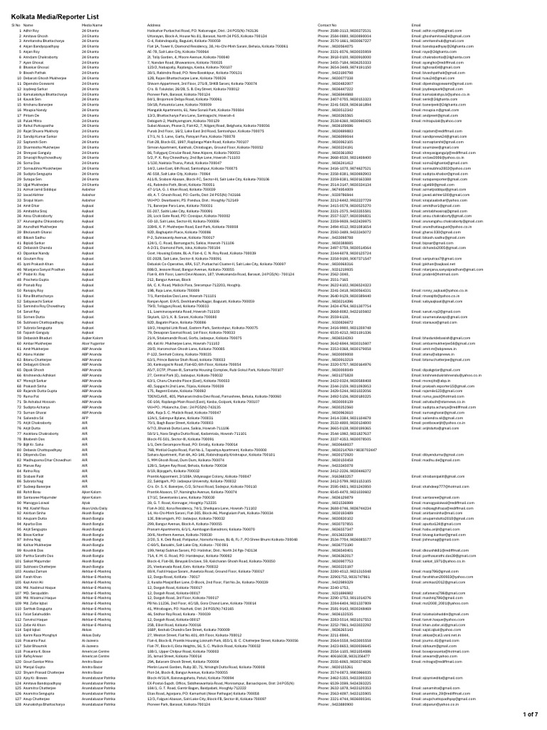 Kolkata News Reporter Contact List | PDF