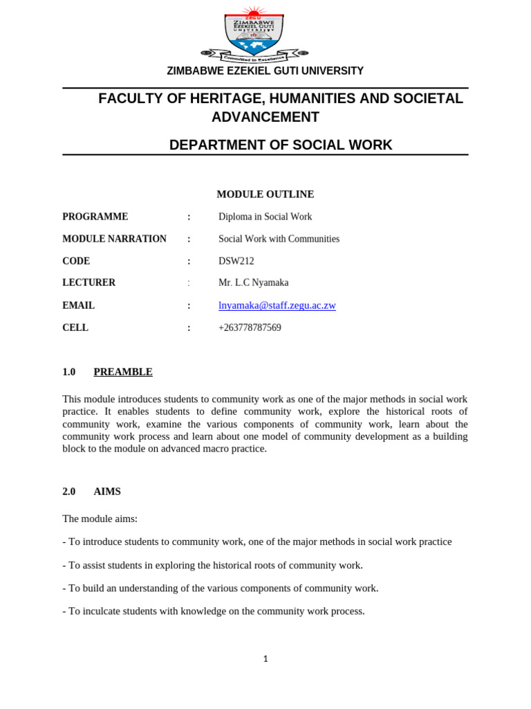 DSW212 Social Work With Communities 1 Course Outline - Diploma-1 | PDF ...
