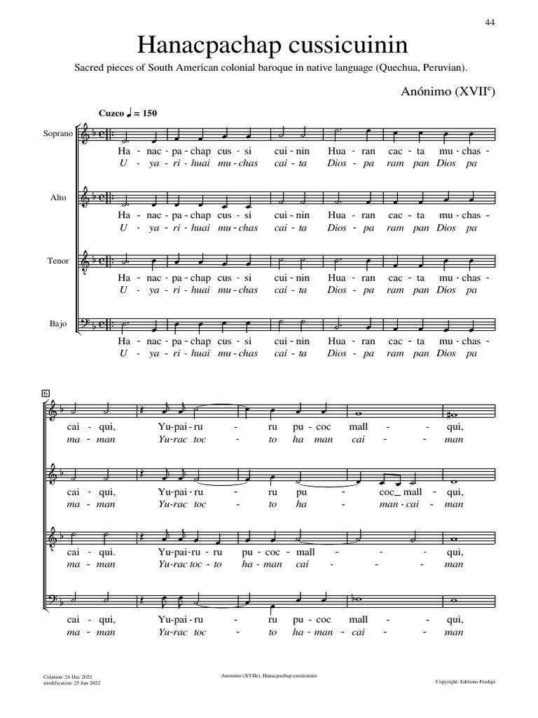 Hanacpachap Cussicuinin By Anonymous Pdf Vocal Music Musicology