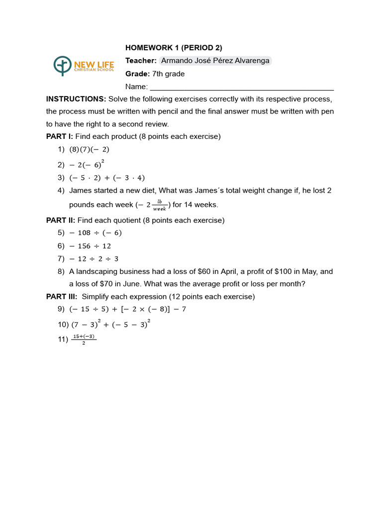 7th Grade Math Homework Exercises | PDF
