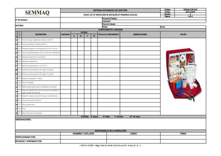 SSOMA-FOR-019 Check List de Inspección de Botiquín de Primeros Auxilios ...