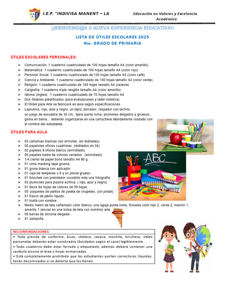 Lista de Útiles Escolares 2025 - 4to Grado | PDF | Tecnicas artisticas