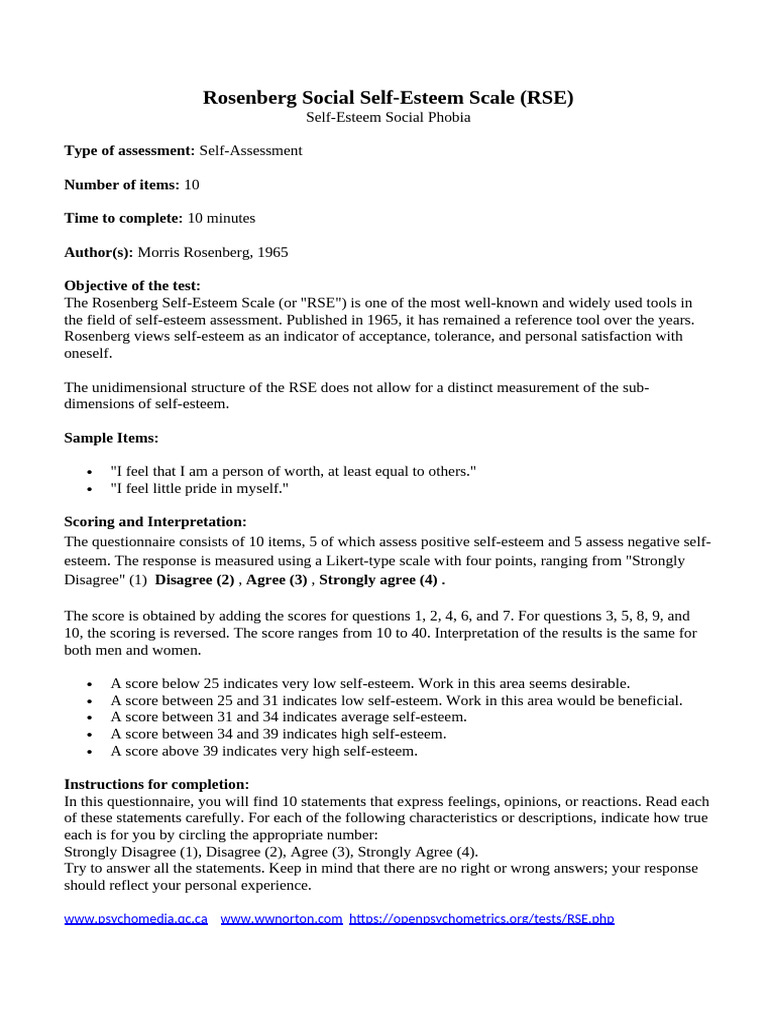 Rosenberg Self-Esteem Scale Overview | PDF