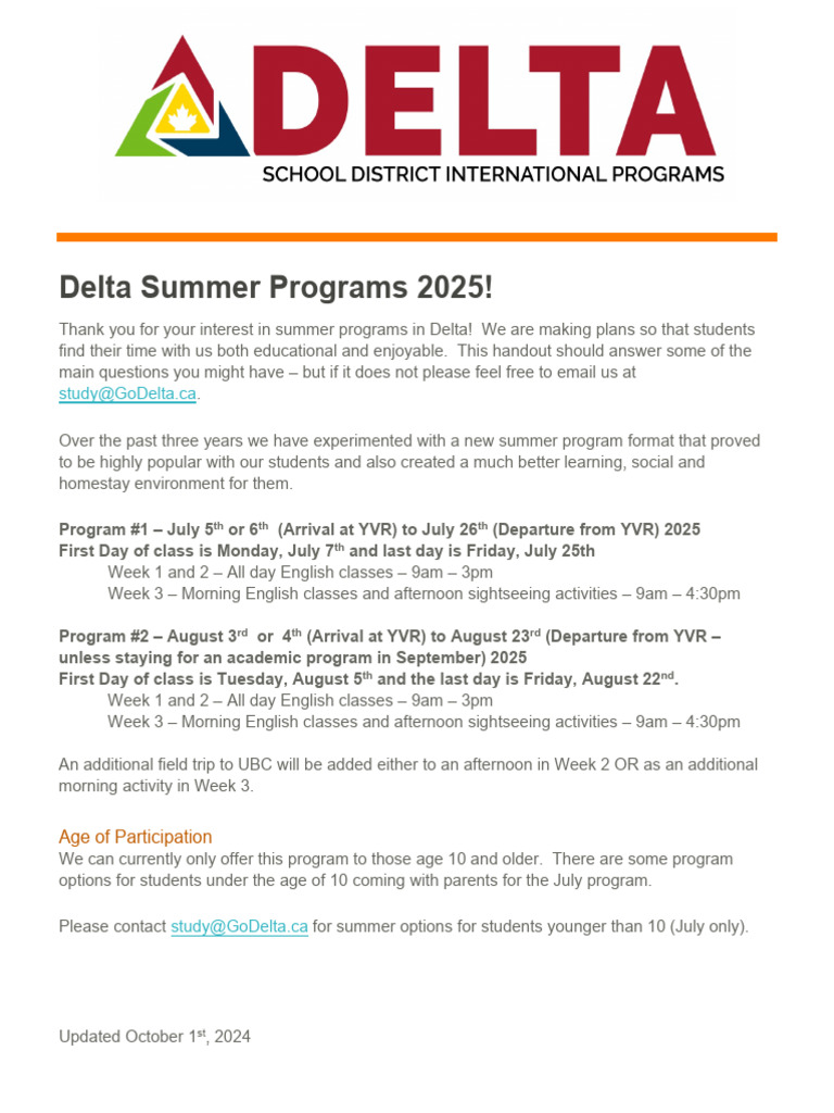 Delta Summer Programs 2025 Overview | PDF | Travel Visa | Teachers