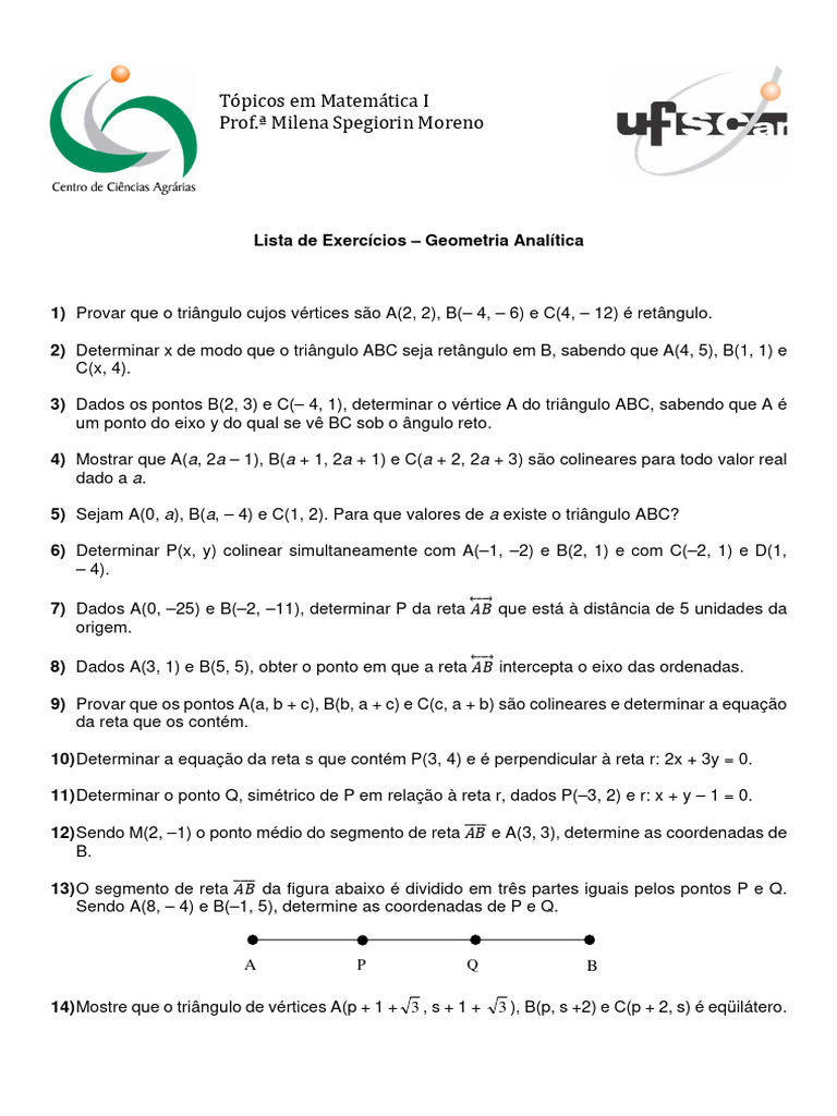 Lista de Exercícios de Geometria Analítica | PDF | Elipse | Linha ...