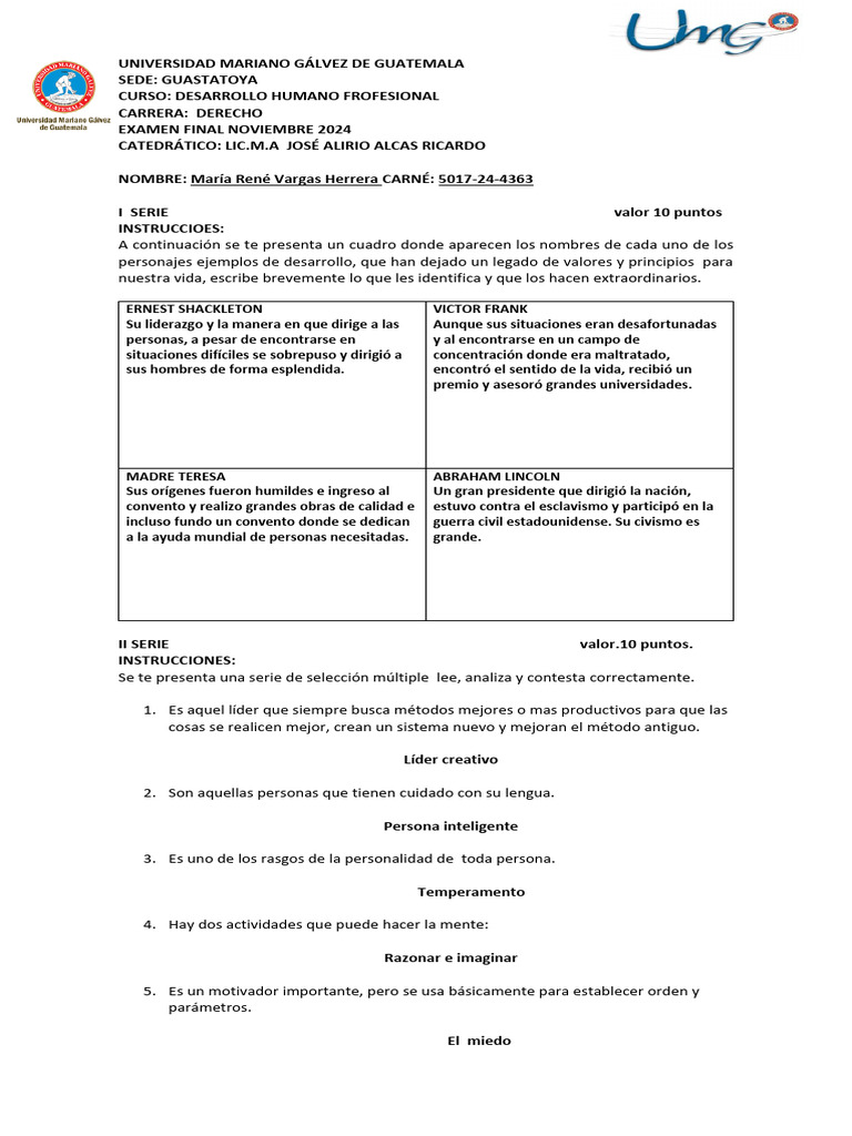 Examen Final Desarrollo Humano Profesional | PDF | Sicología