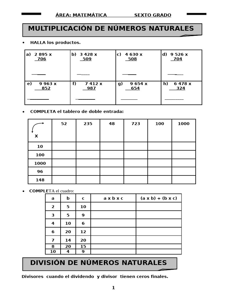 Ejercicios de Matemáticas Sexto Grado | PDF | División (Matemáticas