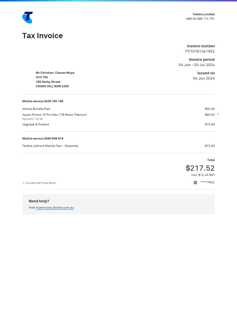 Telstra Invoice for Mobile Services | PDF